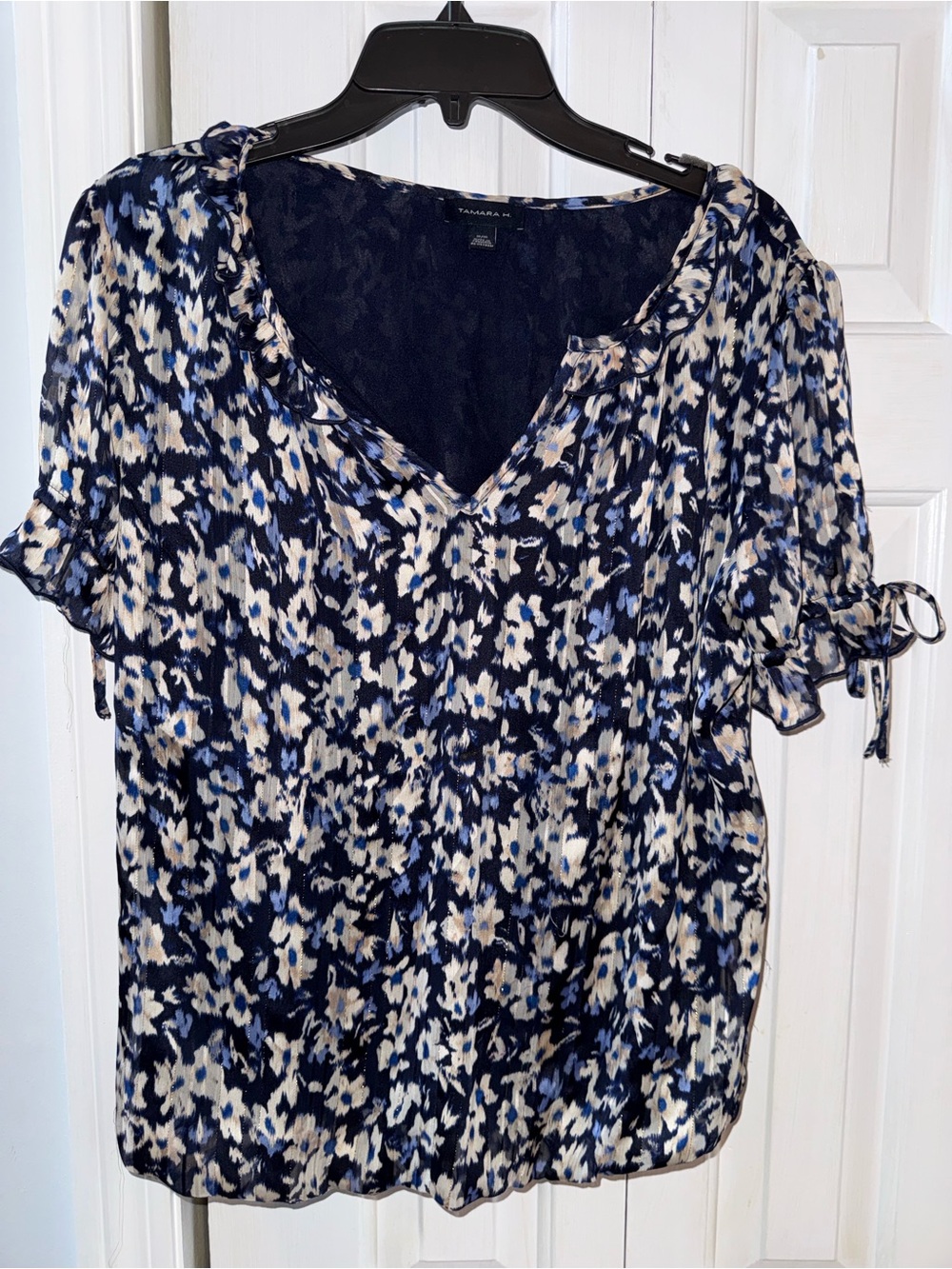 Tahari Navy and Cream Floral V-Neck Short Sleeve Blouse